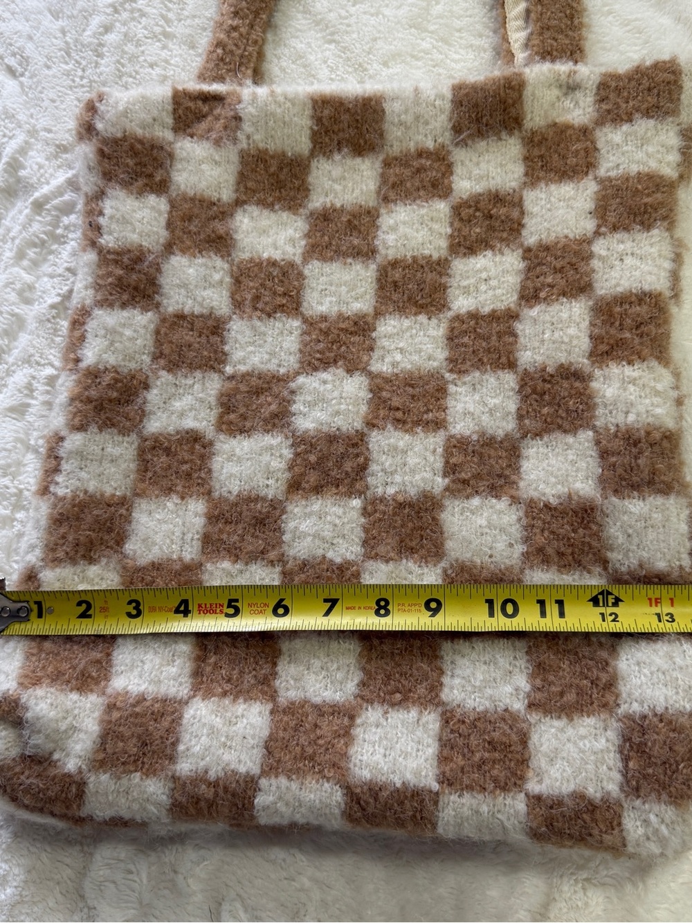 Free People Cozy Checkered Knit Tote Bag | Soft Fuzzy Neutral Bookbag Market - Picture 5 of 11